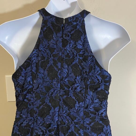 Nightway Glitter-Lace Keyhole Halter Cocktail Dress Navy Blue Black Lace Sz 12 - Picture 6 of 14